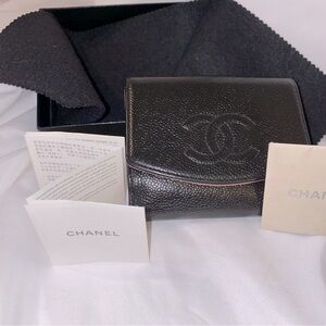 Chanel Authentic Caviar Leather Bifold Black Wallet w/Pink Interior & Auth Cert